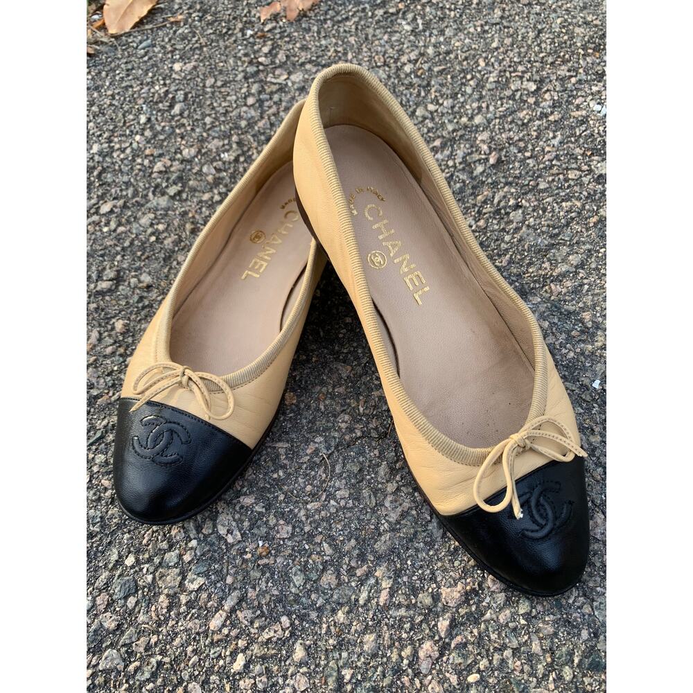 Authentic Chanel Lambskin Leather Ballet Flats Size 36 Two Tone Beige Black Tan - Picture 14 of 15